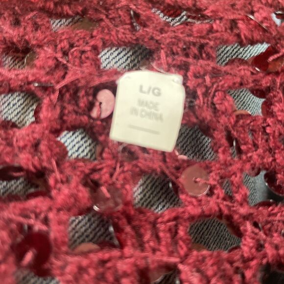 IISLI Womens sz L 100% Wool Burgundy Sequins Pullover Sweater Top Open Knit - Picture 4 of 6